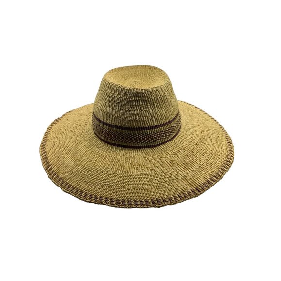 South American Handmade Wide-Brimmed Straw Sun Hat Burgundy Accents Finely Woven - Picture 5 of 7